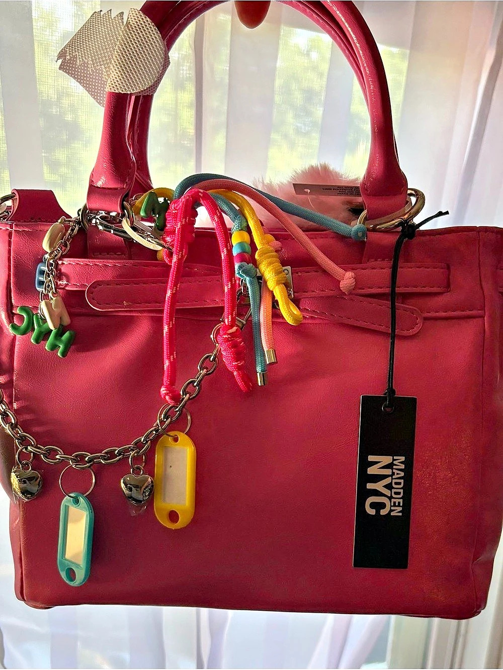 Madden NYC Women's Top Handle Satchel with Charms Pink NWT